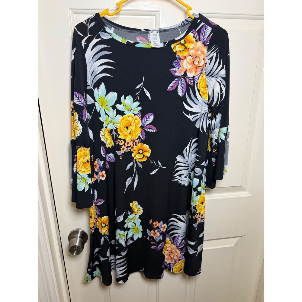 Floral Bell Sleeve Shift Dress Black Yellow Botanical Print